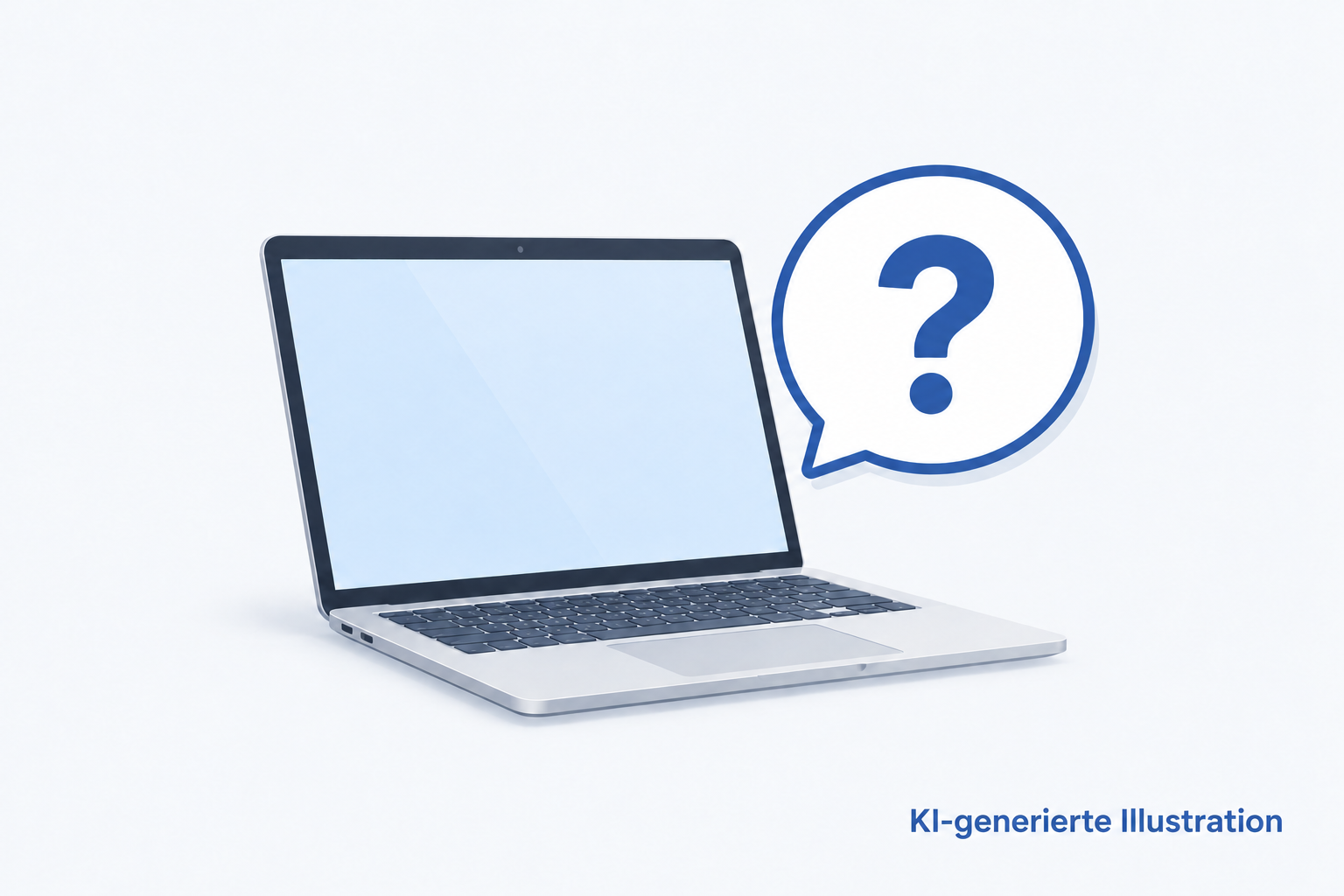 KI-generierte Illustration eines Notebooks mit einer Sprechblase und einem Fragezeichen